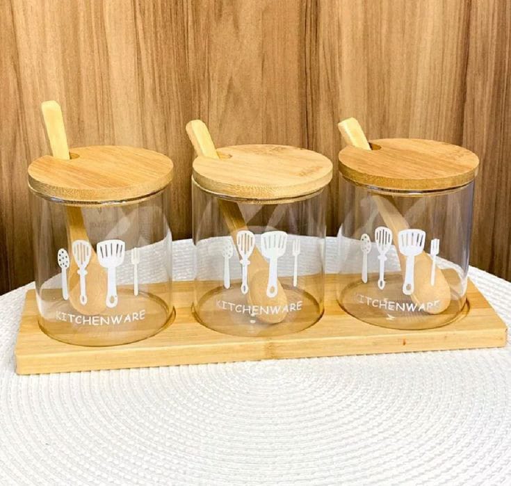 Set of 3 Glasses Storage Jar with Bamboo Stand