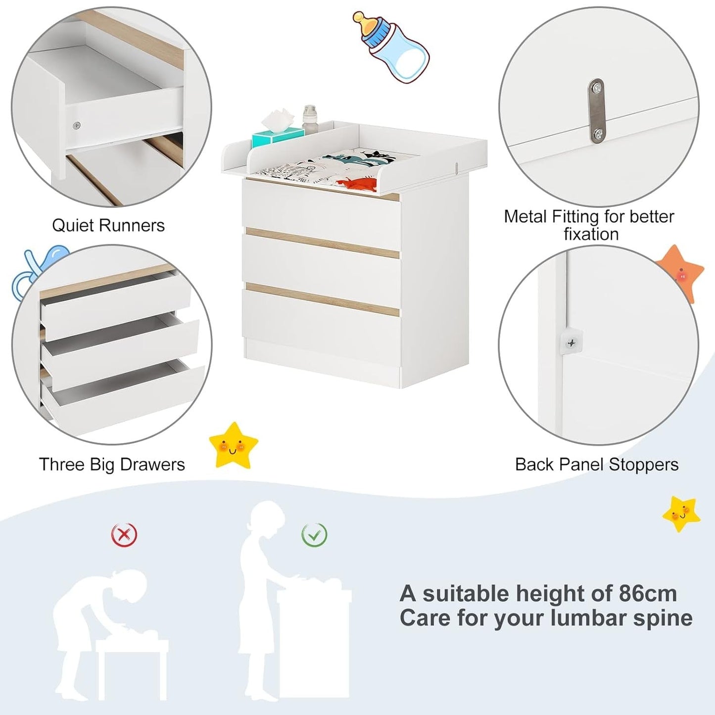 WOLTU Changing Table with 3 Drawers WT003