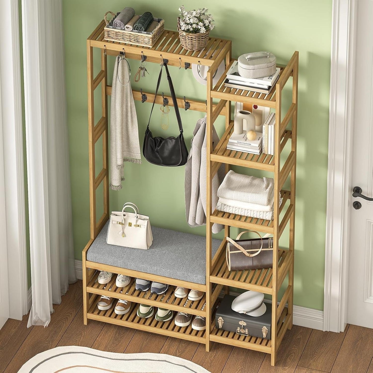 4-in-1 Bamboo Entryway Hall Tree