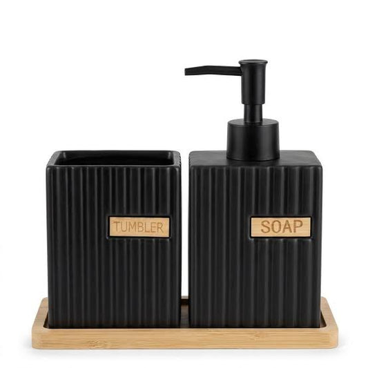 Bathroom Soap Dispenser & Tumbler Set with Bamboo Tray