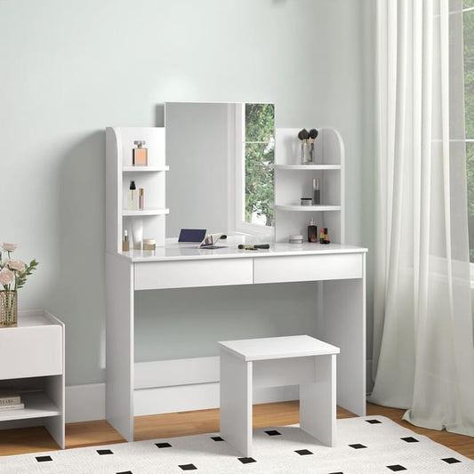Dressing table with mirror and stool