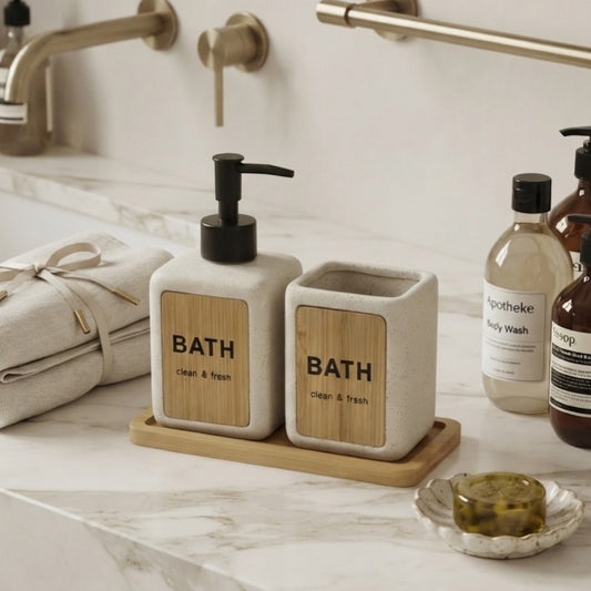 Bathroom Soap Dispenser & Tumbler Set with Bamboo Tray1